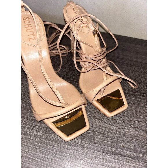 Schutz Sandals Vikki Lace up Beige Ankle Tie High Heel Pumps Shoes Size 7 B - Picture 4 of 10